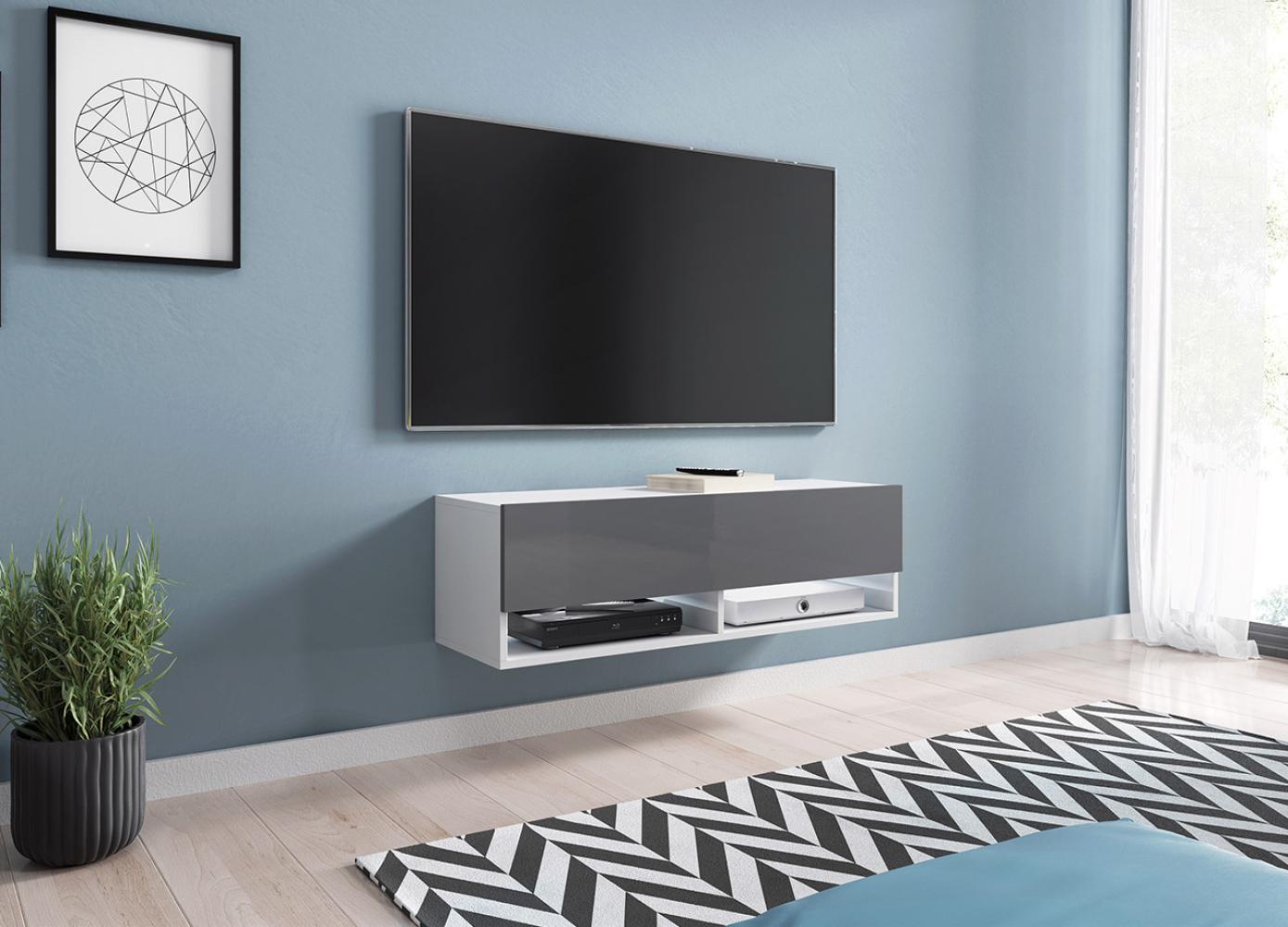 TV-Lowboard Jumbo 100, mit RGB LED Beleuchtung farbig, Farbe: Weiß / Grau Hochglanz Bild 1