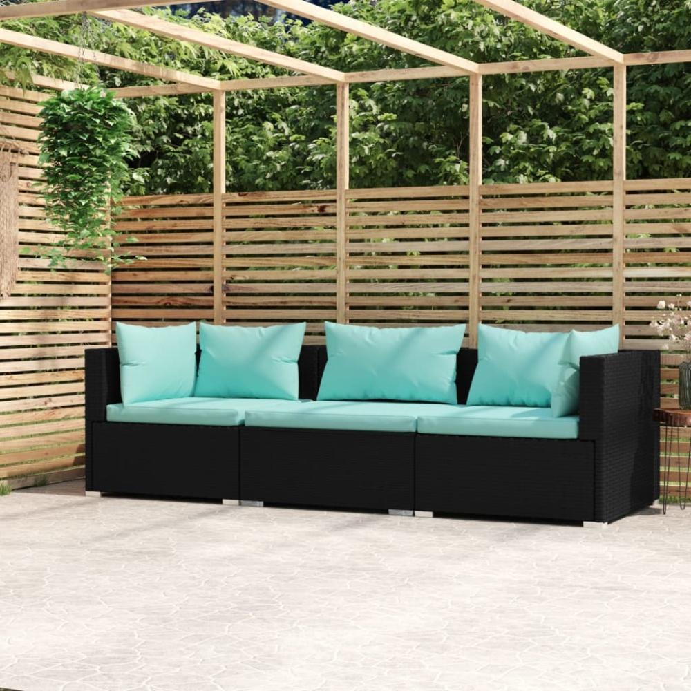 3-Sitzer-Sofa mit Auflagen Schwarz Poly Rattan Bild 1