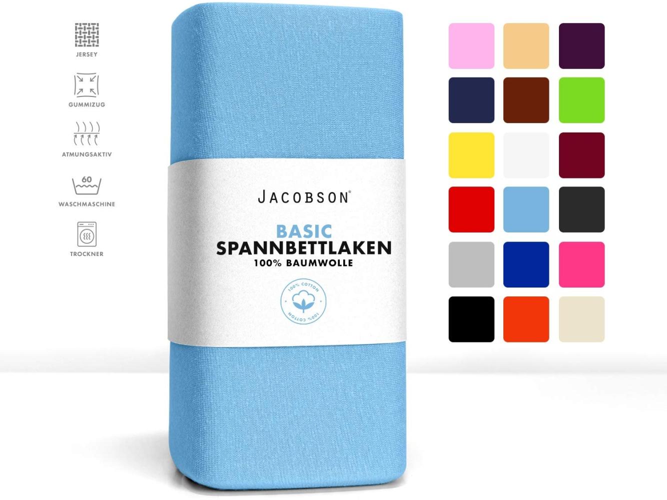 Jacobson Jersey Spannbettlaken Spannbetttuch Baumwolle Bettlaken (180x200-200x220 cm, Hellblau) Bild 1