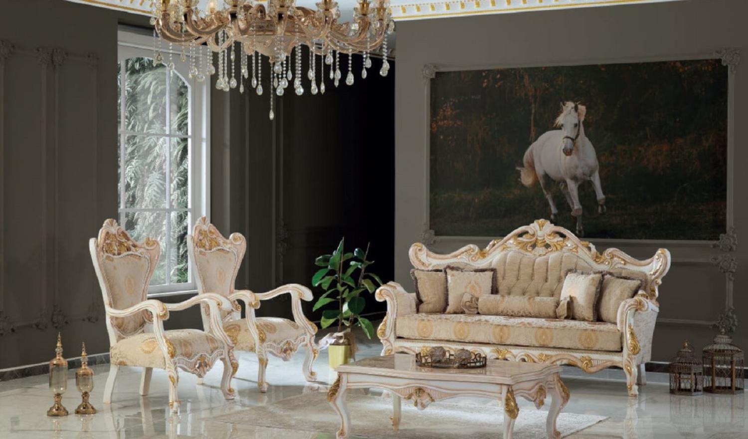 Casa Padrino Luxus Barock Wohnzimmer Set Beige / Weiß / Gold - 2 Sofas & 2 Sessel & 1 Couchtisch - Handgefertigte Wohnzimmer Möbel im Barockstil - Edel & Prunkvoll Bild 1