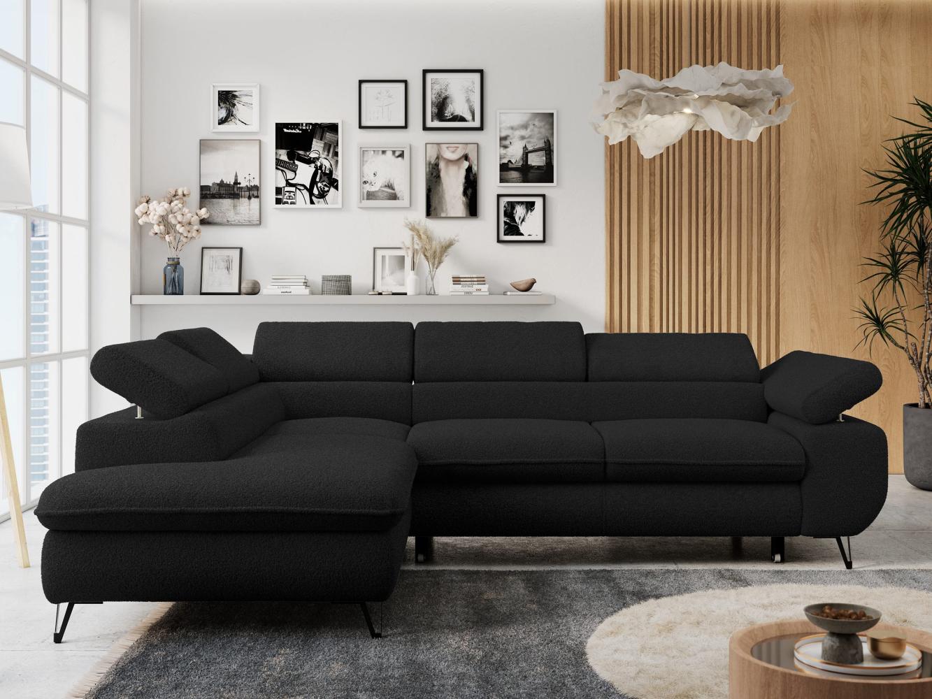 Ecksofa mit Bettfunktion, Modern Sofa, L-form, Einstellbare Kopfstützen, Bettkasten - PETER - Schwarz Boucle - links Bild 1