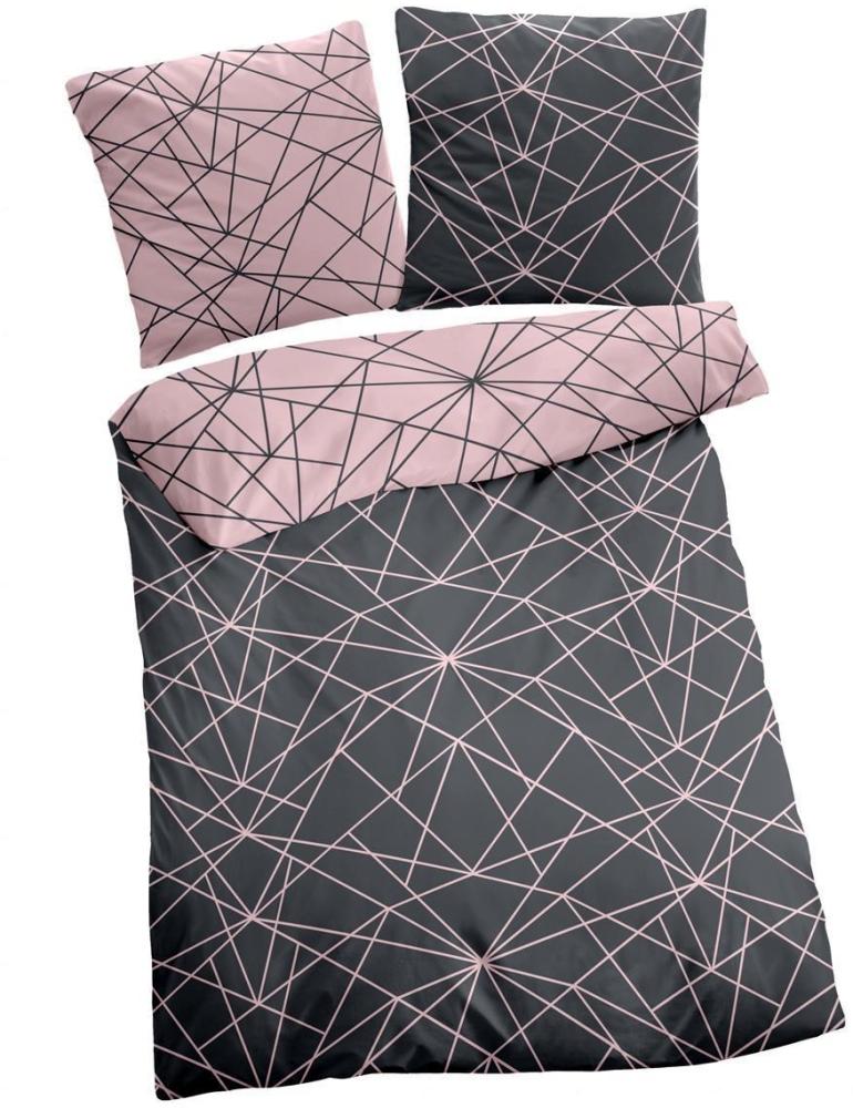 Dormisette Biber Bettwäsche 2tlg grau rosa 2294-93 | Bettwäsche-Set aus 100% Baumwolle | 2 teilige Wende-Bettwäsche 135x200cm & Kissen 80x80 cm | Geometrisches Muster Linien Bild 1