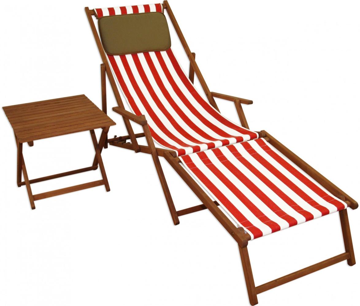 Gartenliege Liegestuhl Fußteil Tisch Kissen Deckchair Holz Sonnenliege rot-weiß 10-314 F T KD Bild 1