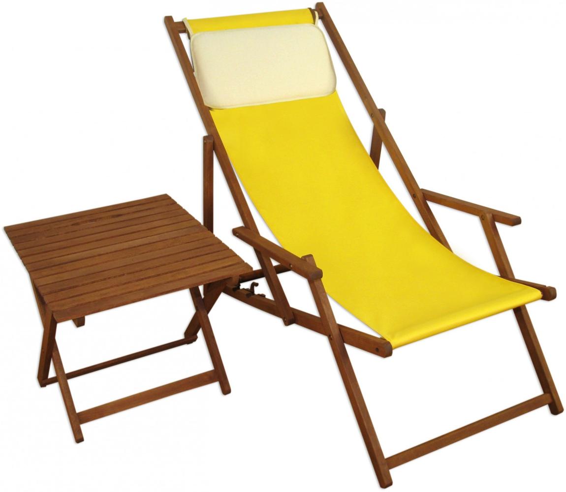 Liegestuhl gelb Gartenliege Tisch Kissen Deckchair Sonnenliege Gartenstuhl Massivholz 10-302TKH Bild 1