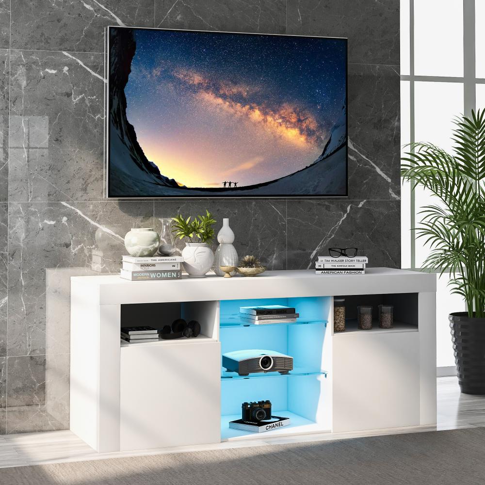Merax LED-TV-Schrank, TV-Tisch, TV-Ständer mit 2 Schränken, 16-farbige LED, TV-Möbel für bis zu 55 Zoll Fernseher, weiß Bild 1