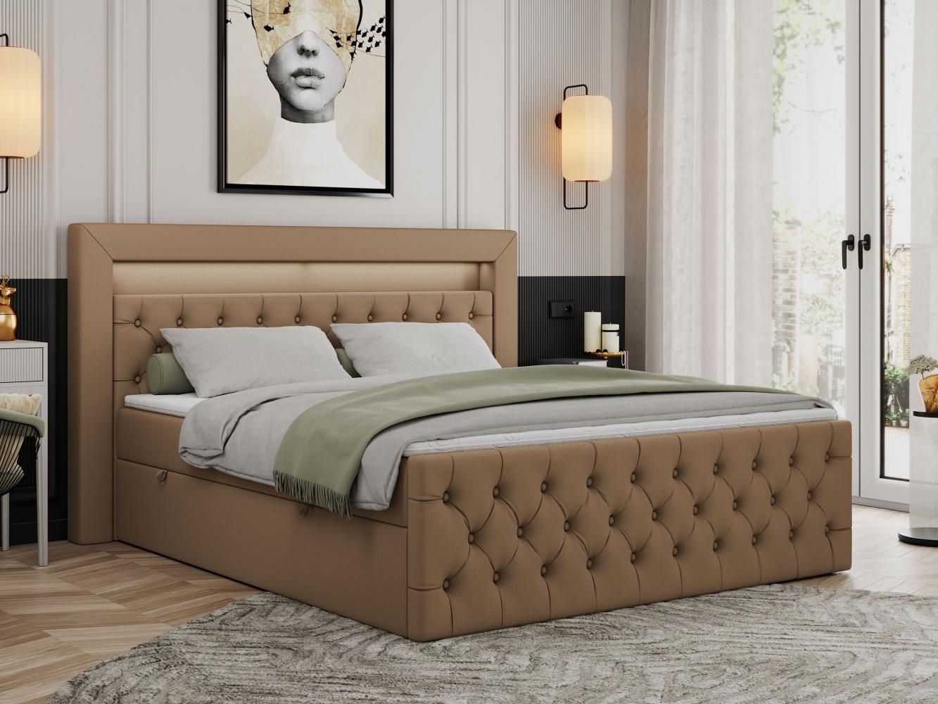 Boxspringbett, Stauraumbett mit Bettkasten, LED - GOLD-9 - 140x200cm - Braun Kunstleder - H3 Bild 1