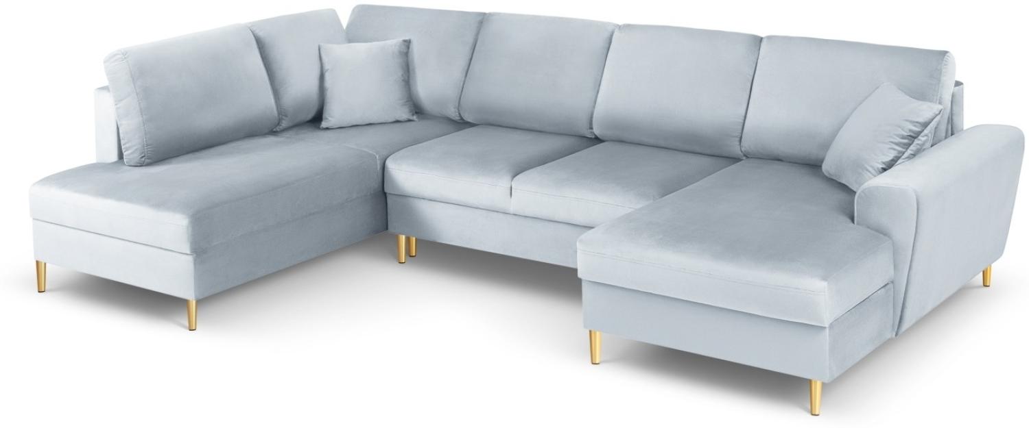 Micadoni 7-Sitzer Samtstoff Panorama Sofa Links mit Box und Schlaffunktion Moghan | Bezug Light Blue | Beinfarbe Gold Me. Bild 1