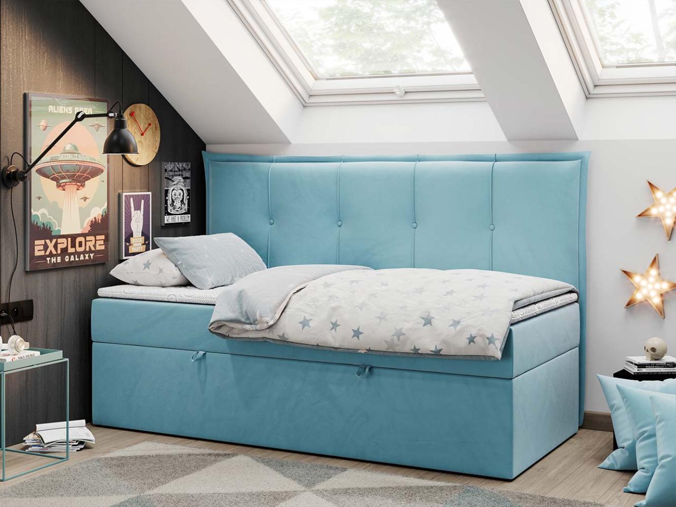 Kinderbett BANCO, Boxspringbetten für Kinderzimmer, Jugendbett, Einzelbett mit Matratze - Blau Velours - Topper T25 Bild 1