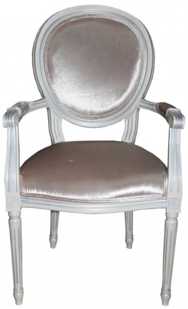 Casa Padrino Barock Esszimmer Stuhl mit Armlehne Beige / White / Silver - Designer Stuhl - Luxus Qualität Bild 1