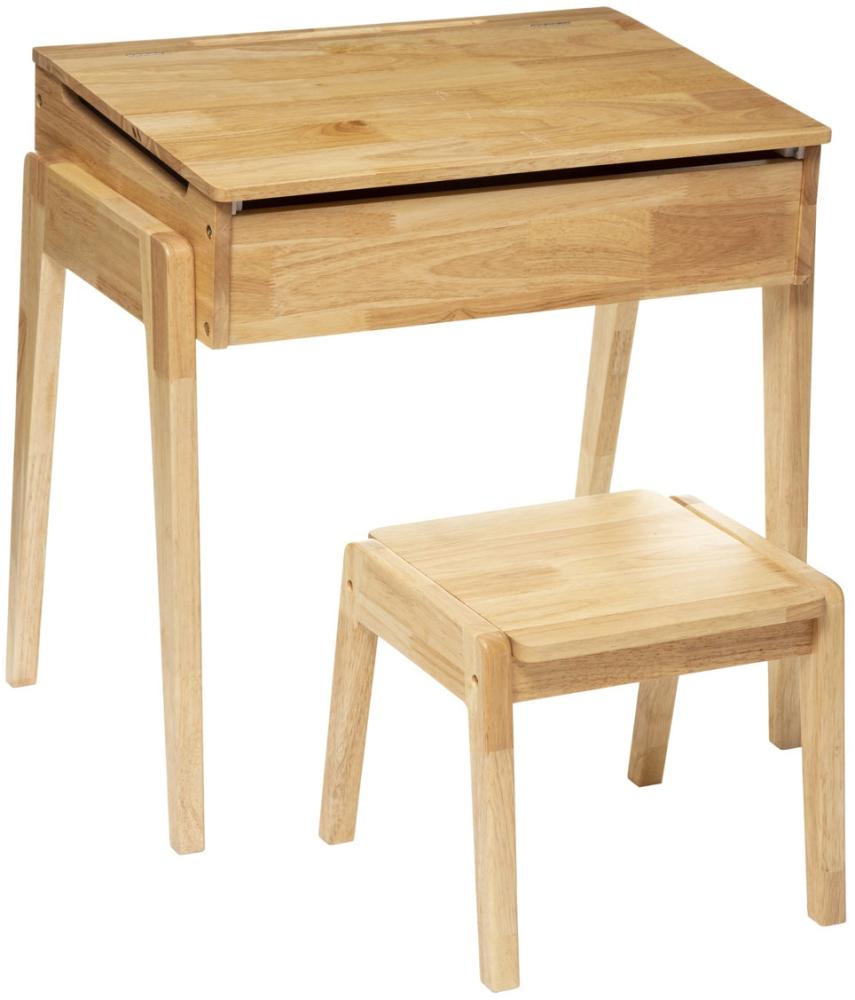 Schreibtisch für Kinder mit Stauraum + Sitzhocker, Kautschukholz, 2in1 Bild 1