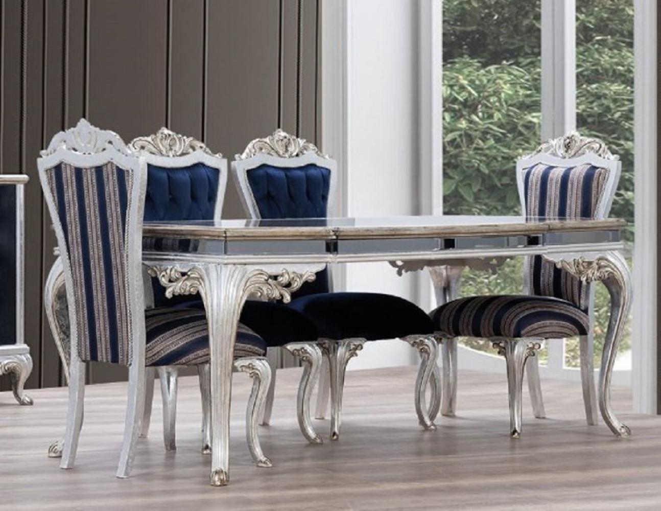 Casa Padrino Luxus Barock Esszimmer Set Blau / Silber - 1 Esstisch & 6 Esszimmerstühle - Handgefertigte Barock Esszimmer Möbel Bild 1