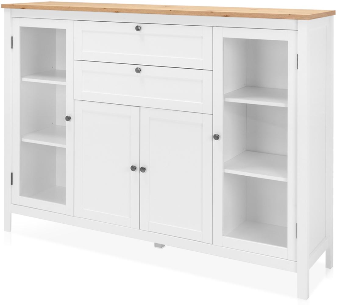 KHG Highboard 4-türig mit Einlegeboden Landhaus, 2 Glastüren & 2 Schubladen, Vitrine aus Holzwerkstoff weiß foliert, Deckplatte Holzoptik Asteiche foliert, silberne Metall-Griffe, 160 x 120x 40 cm (B/H/T) Bild 1