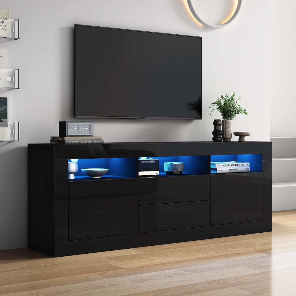 Merax 160*35*60cm Hochglanz-TV-Schrank mit LED-Beleuchtung, 3 offenen Fächern, 2 Türen, 2 Schubladen, Smart App Steuerung, für 70-Zoll-Fernseher, Hochglanz-TV-Ständer, Schwarz Bild 1