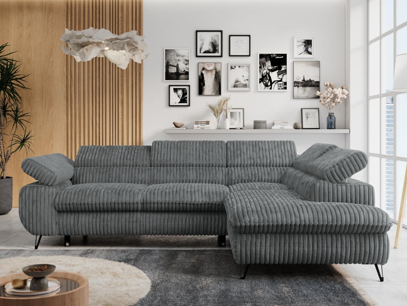 Ecksofa mit Bettfunktion, Modern Sofa, L-form, Einstellbare Kopfstützen, Bettkasten - PETER - Dunkelgrau Cord - Topper T25 - rechts Bild 1