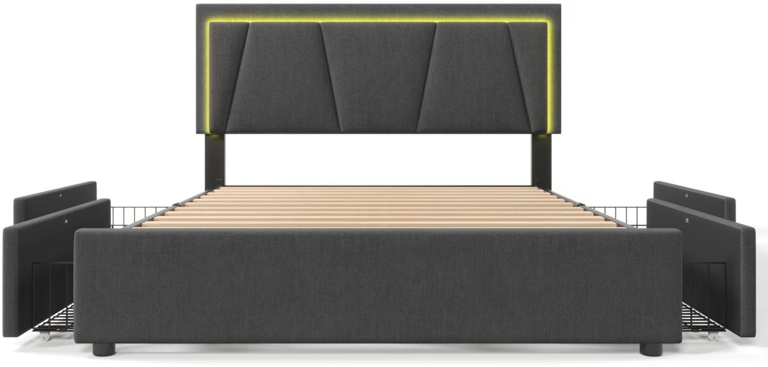 Merax Polsterbett, LED-Beleuchtung Doppelbett 160x200cm mit 4 Schubladen, grau Bild 1