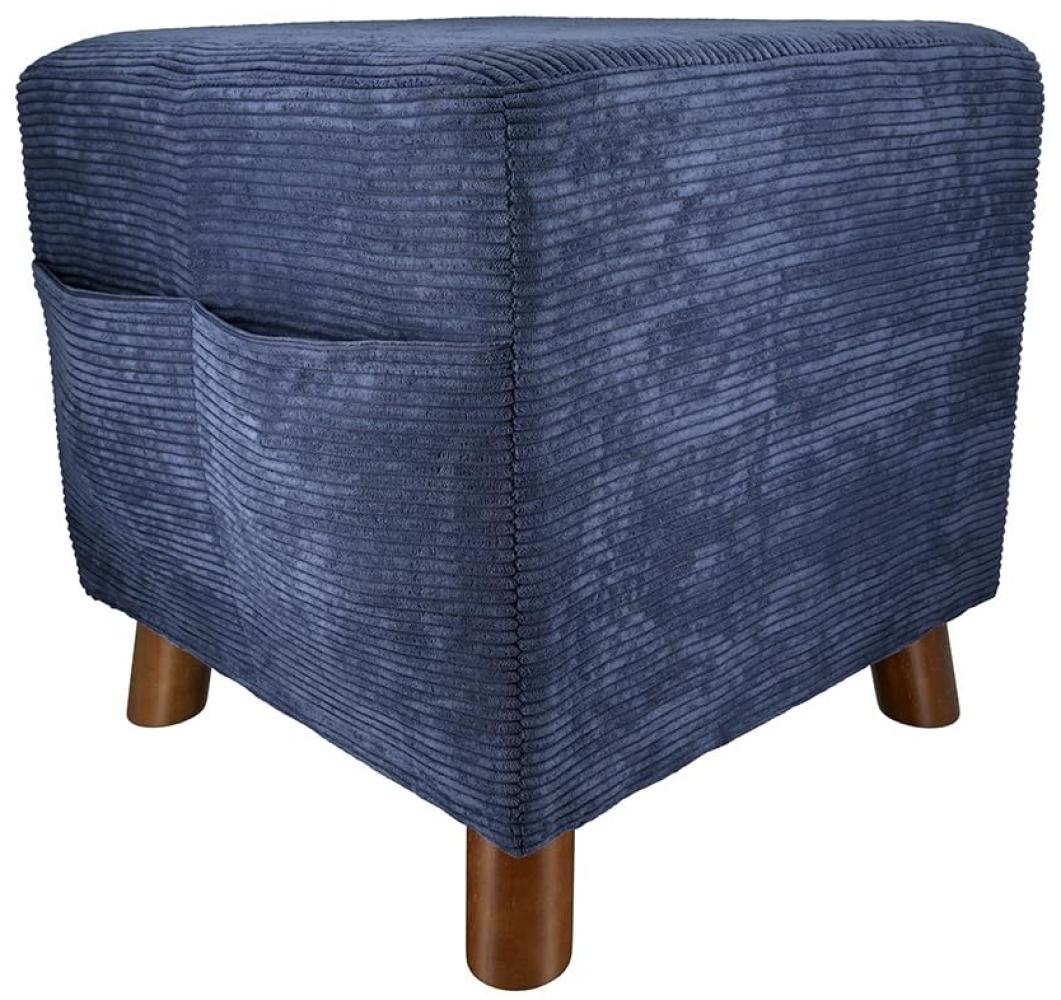 GILDE Polsterhocker im Cord Design blau - Sitzwürfel Hocker mit Holzfüßen - 2 seitliche Taschen für Zeitung Fernbedienung - quadratisch 40 x 40 cm - Höhe 40 cm Bild 1