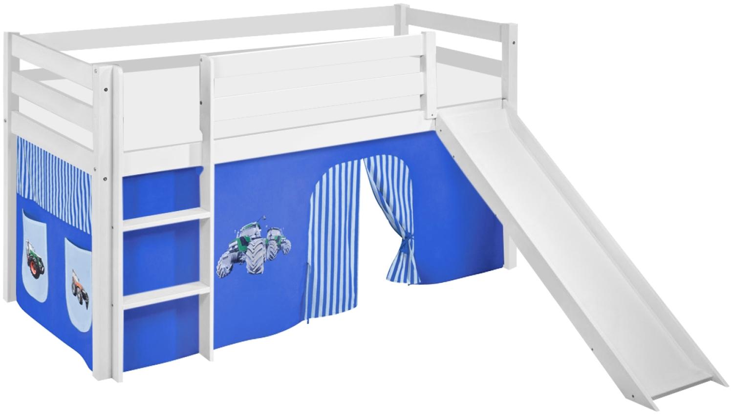 Lilokids 'Jelle' Spielbett 90 x 190 cm, Trecker Blau, Kiefer massiv, mit Rutsche und Vorhang Bild 1