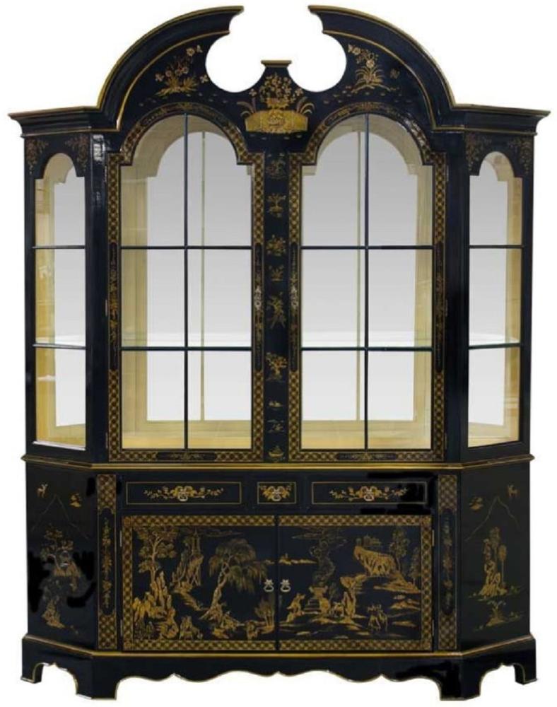 Casa Padrino Luxus Barock Vitrine im chinesischen Stil Schwarz / Gold - Handgefertigter Barock Vitrinenschrank mit 4 Türen und 3 Schubladen - Barock Möbel - Edel & Prunkvoll Bild 1