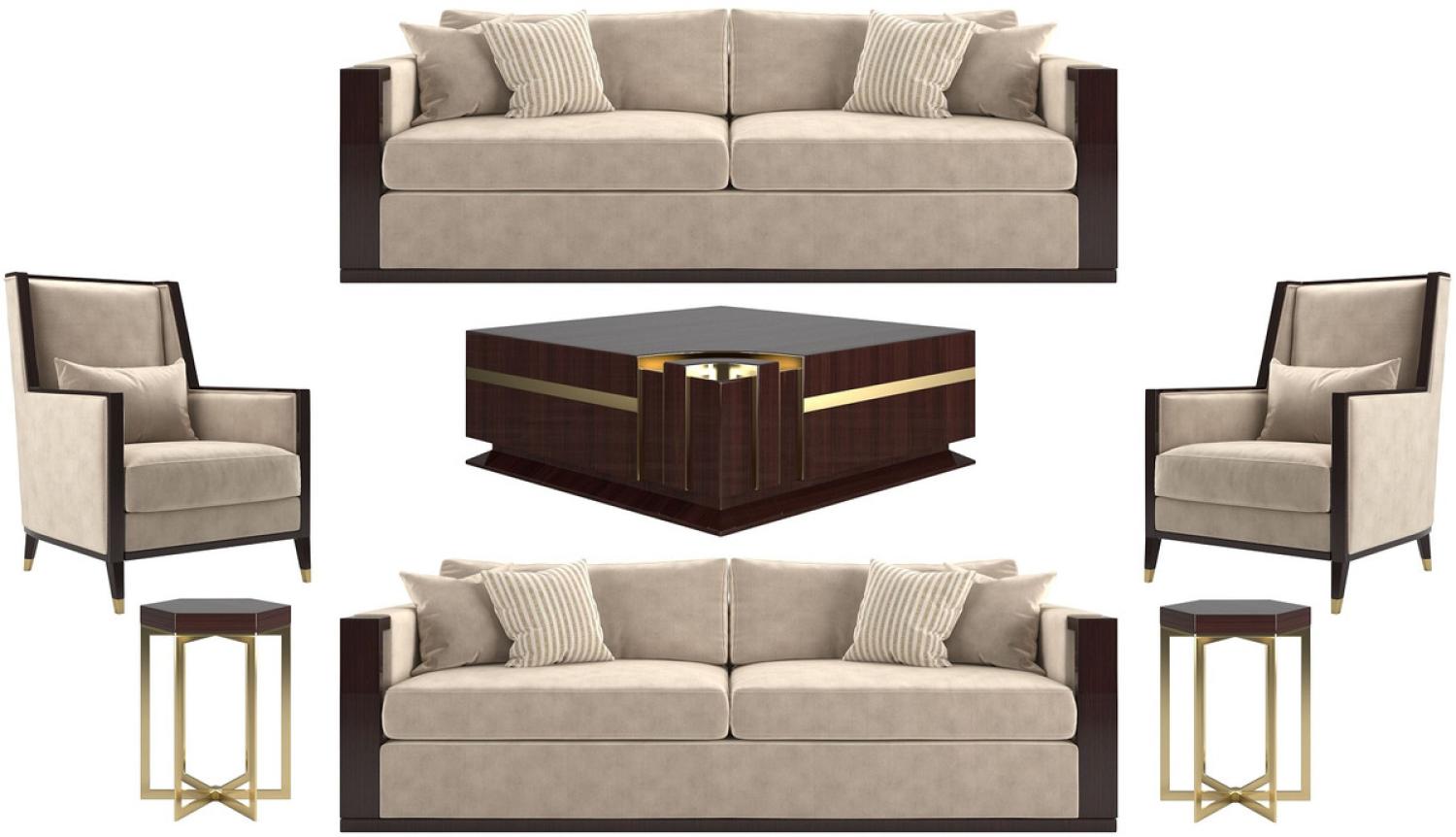 Casa Padrino Luxus Art Deco Wohnzimmer Set Beige / Dunkelbraun Hochglanz / Gold - 2 Sofas & 2 Sessel & 1 Couchtisch & 2 Beistelltische - Edle Wohnzimmer Möbel - Luxus Qualität Bild 1