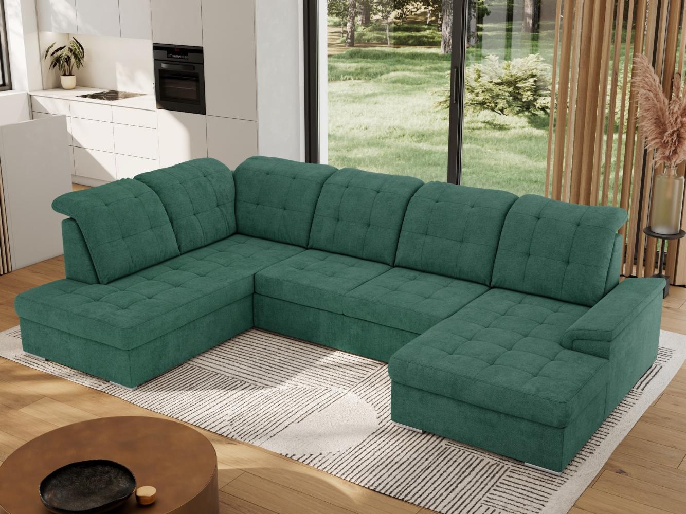 Ecksofa, Wohnzimmer U Couch, Polstersofa mit Bettkasten - MADRITO U - Grün Struktur - Links Bild 1