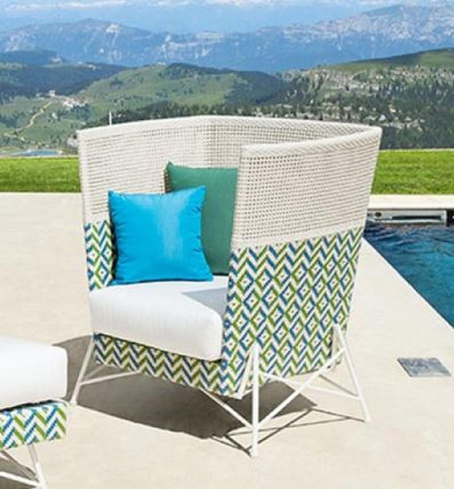 Casa Padrino Luxus Garten Sessel Weiß / Blau / Grün 98 x 85 x H. 104 cm - Handgewebter Wetterbeständiger Hochlehn Sessel - Garten & Terrassen Möbel - Luxus Kollektion Bild 1