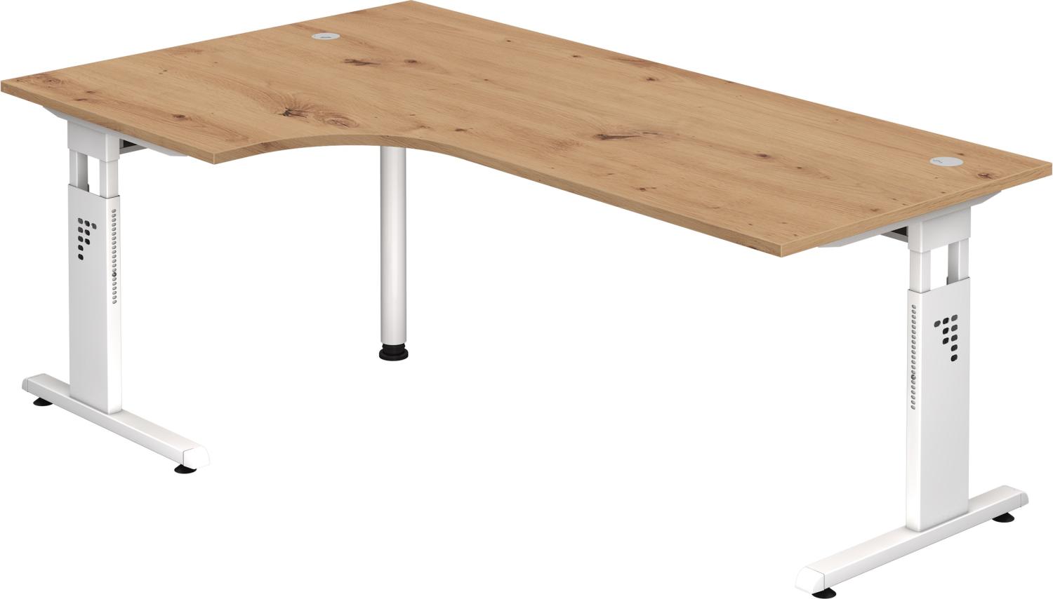 bümö® Eckschreibtisch O-Serie höhenverstellbar, Tischplatte 200 x 120 cm in Asteiche, Gestell in weiß Bild 1