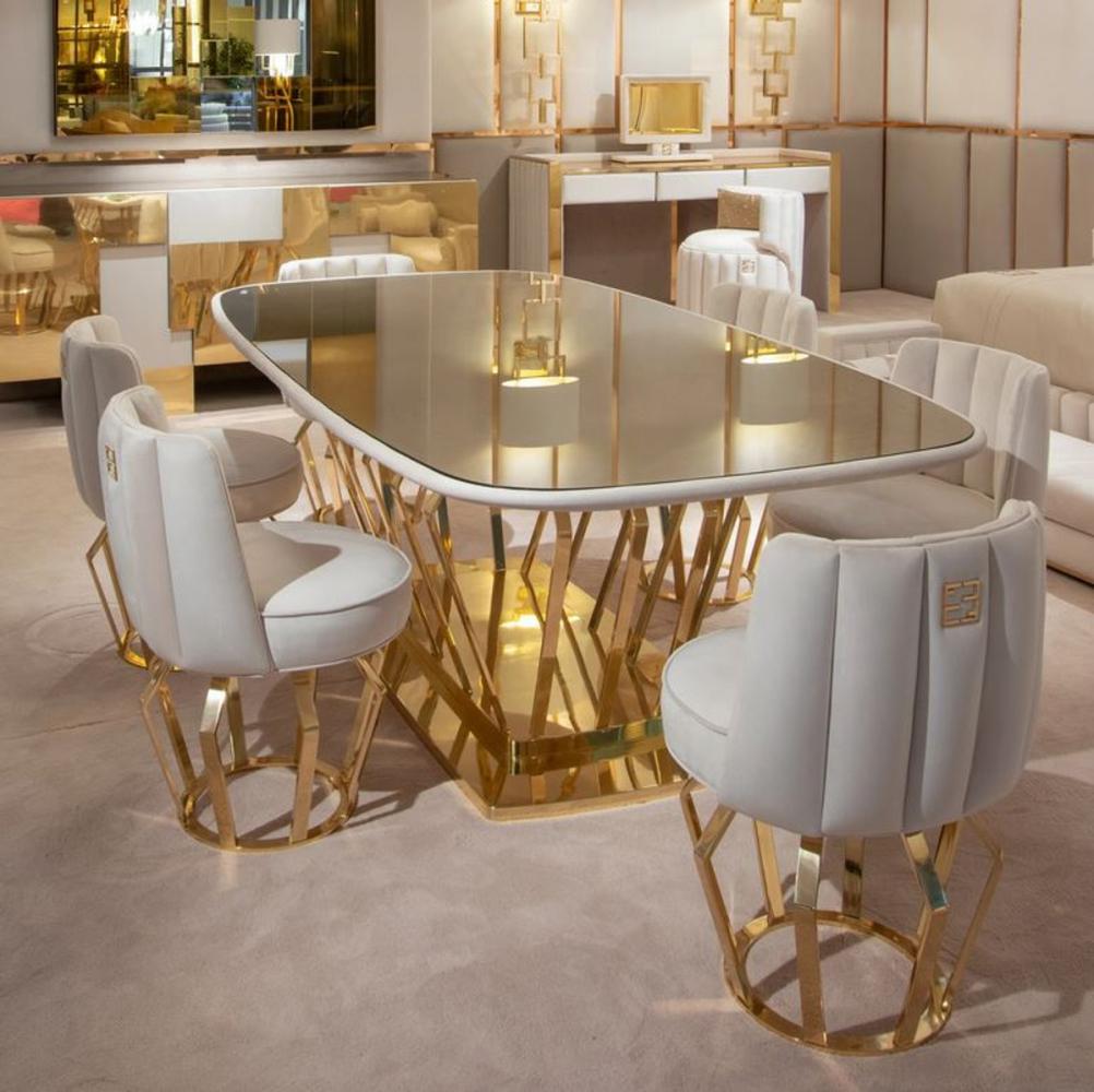 Casa Padrino Luxus Designer Esszimmer Set Elfenbeinfarben / Gold - 1 Esstisch & 6 Esszimmerstühle - Luxus Designer Esszimmermöbel - Hotel Möbel - Luxus Qualität - Made in Italy Bild 1