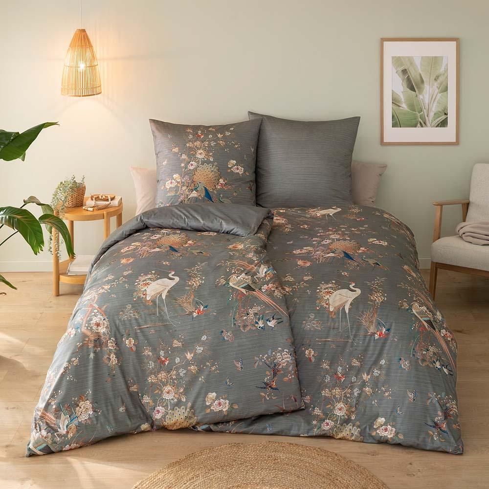 Estella Mako Jersey Bettwäsche 155x220 Kim grau Pfau Vögel Rosen Wende 6355-810 Bild 1