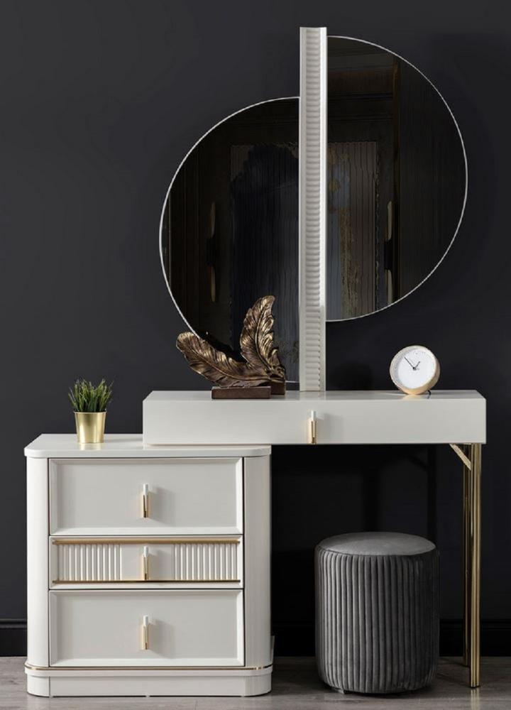 Casa Padrino Luxus Schlafzimmer Schminktisch Set Weiß / Gold / Grau - 1 Schminkkommode mit Spiegel & 1 Hocker - Luxus Schlafzimmer Möbel Bild 1