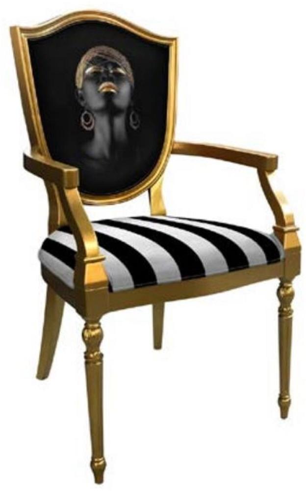 Casa Padrino Art Deco Esszimmerstuhl mit Armlehnen Schwarz / Silber / Gold - Gestreifter Massivholz Stuhl mit elegantem Design - Art Deco Esszimmer Möbel Bild 1