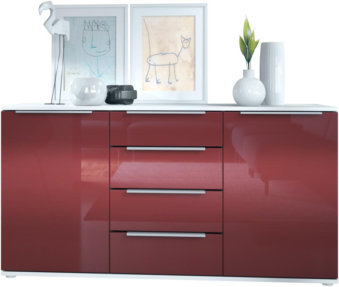 Vladon Sideboard Linio 139 x 72,5 x 35 cm Anrichte mit 2 Türen und 4 Schubladen, Korpus in Weiß matt, Fronten in Bordeaux Hochglanz Bild 1