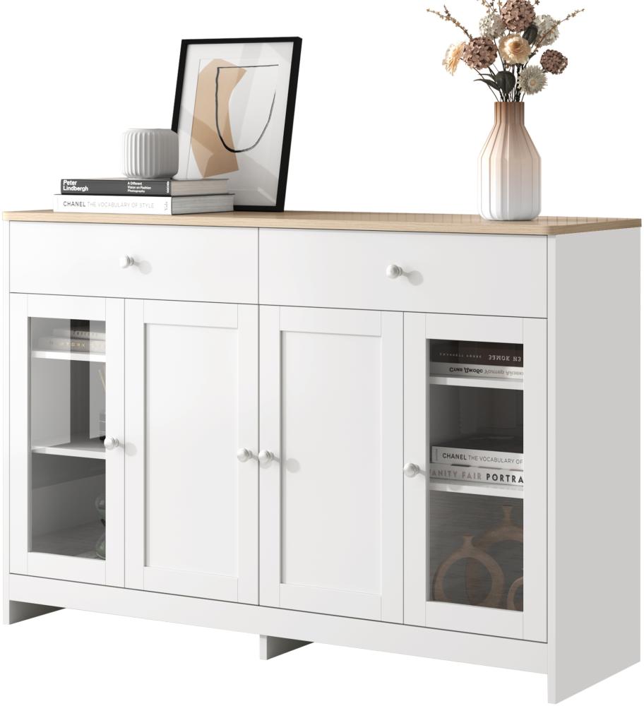 Merax Sideboard mit gehärteten Glastüren und Schubladen, Küchenschrank, Kommode im Landhausstil, Breite 120cm Bild 1