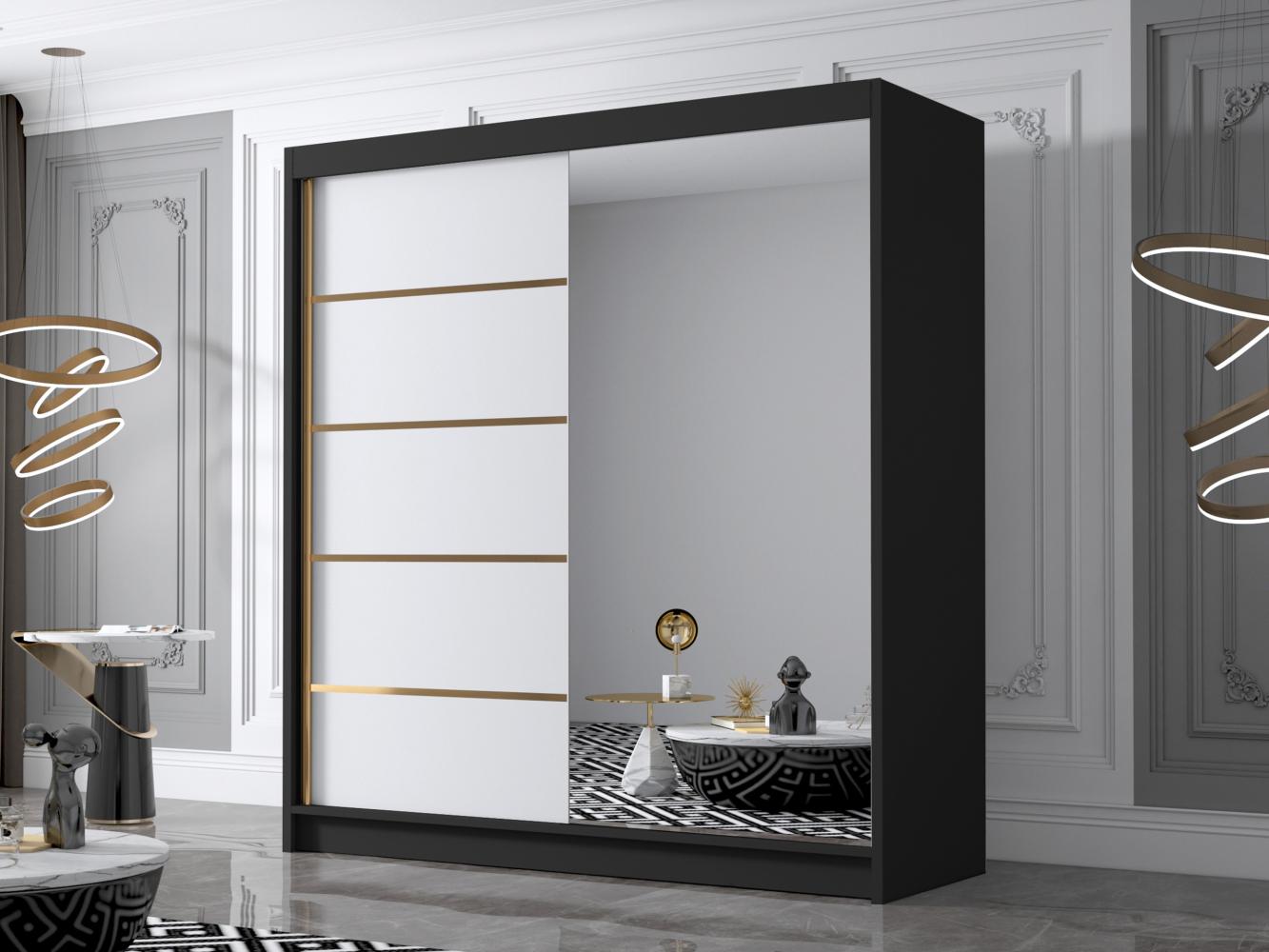 Kleiderschrank mit Goldverzierung Bajpra III mit zwei Schwebetüren, Spiegel (Farbe: Schwarz / Weiß) Bild 1