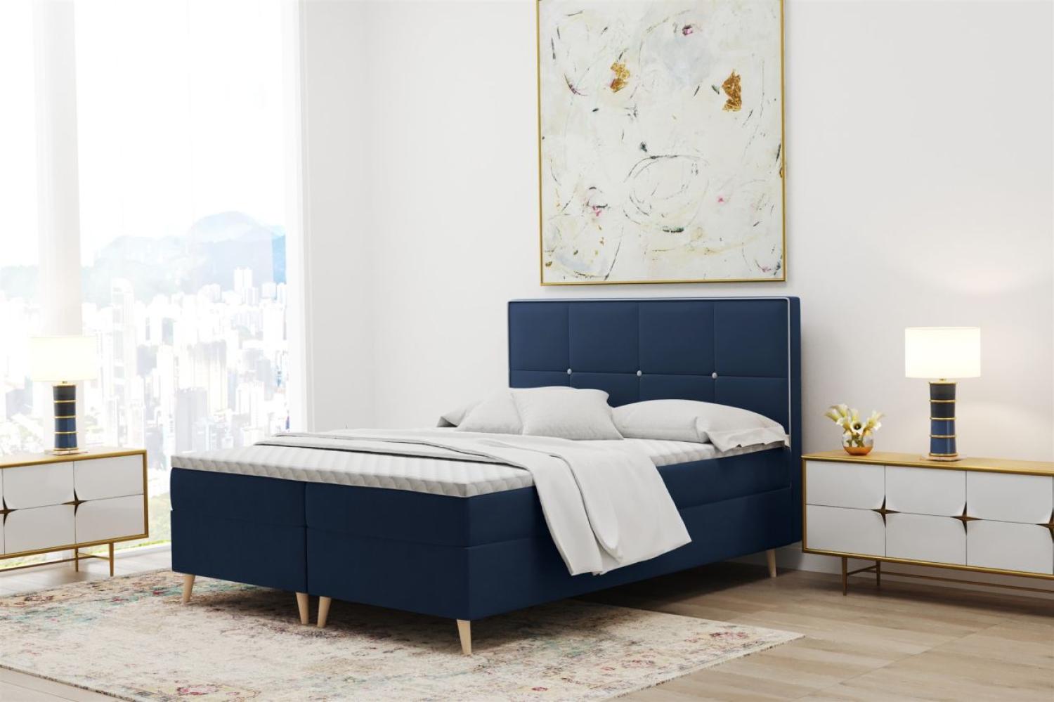 Boxspringbett Schlafzimmerbett RENAN 140x200cm in Stoff Riviera Dunkelblau Bild 1