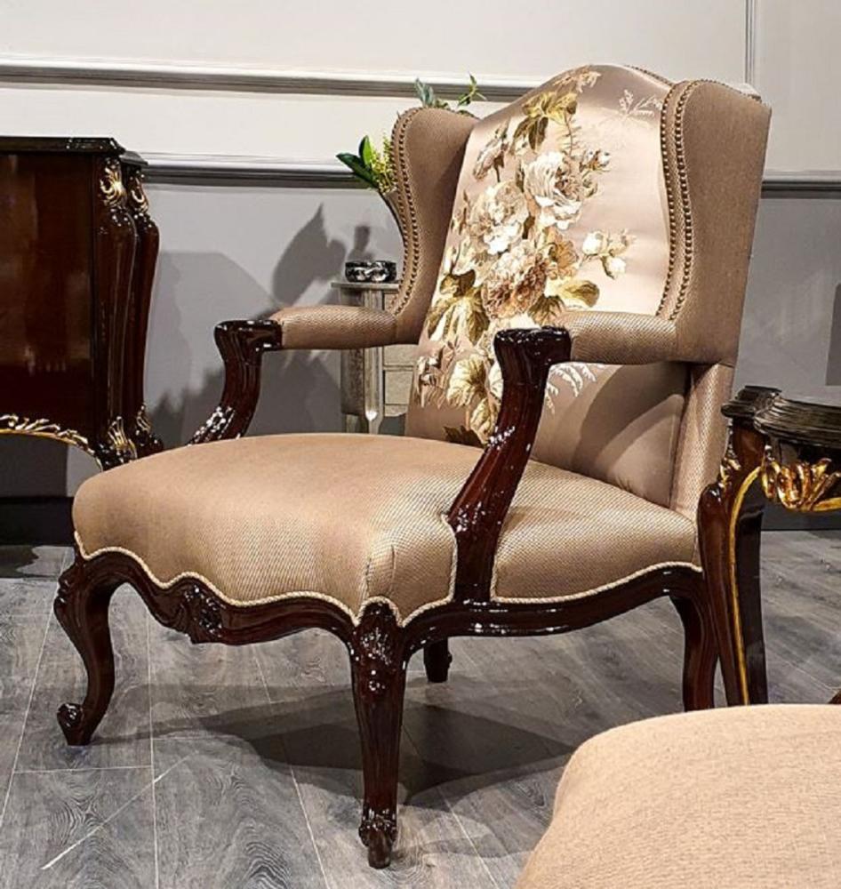 Casa Padrino Luxus Barock Ohrensessel Braun / Mehrfarbig / Dunkelbraun - Prunkvoller Wohnzimmer Sessel mit elegantem Muster - Barock Möbel Bild 1