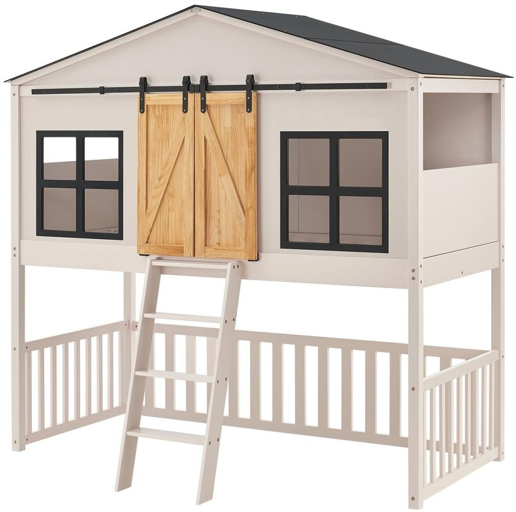 Juskys Kinderbett Farmhaus 90 x 200 cm mit Treppe, Dach & Fenster – Hochbett rosa für Kinder – Lattenrost bis 150 kg – Hausbett aus Massivholz Bild 1