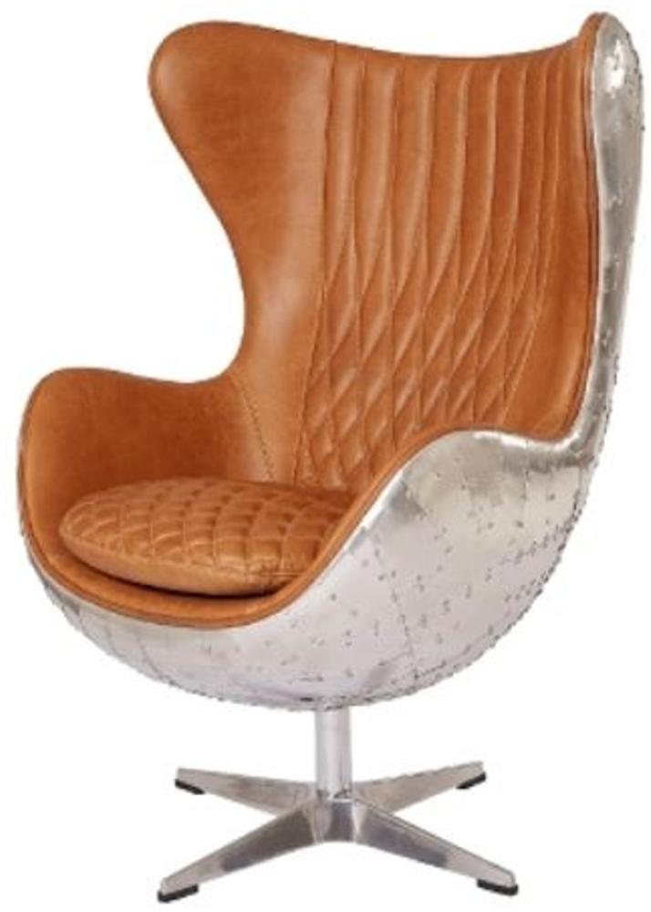 Casa Padrino Echtleder Lounge Chair Braun / Silber Ei-Form 87 x 77 x H. 116 cm - Luxus Drehsessel Bild 1