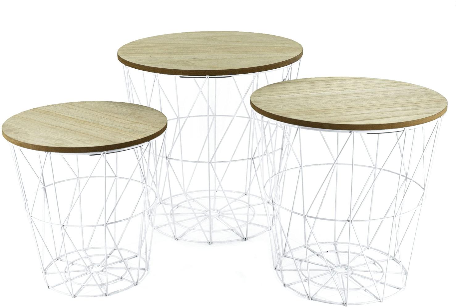 Metall Beistelltisch mit Stauraum weiß/helle Platten - 3er Set - Wohnzimmer Tisch mit Abnehmbarer Holz Platte Metallkorb Sofatisch Couchtisch Bild 1