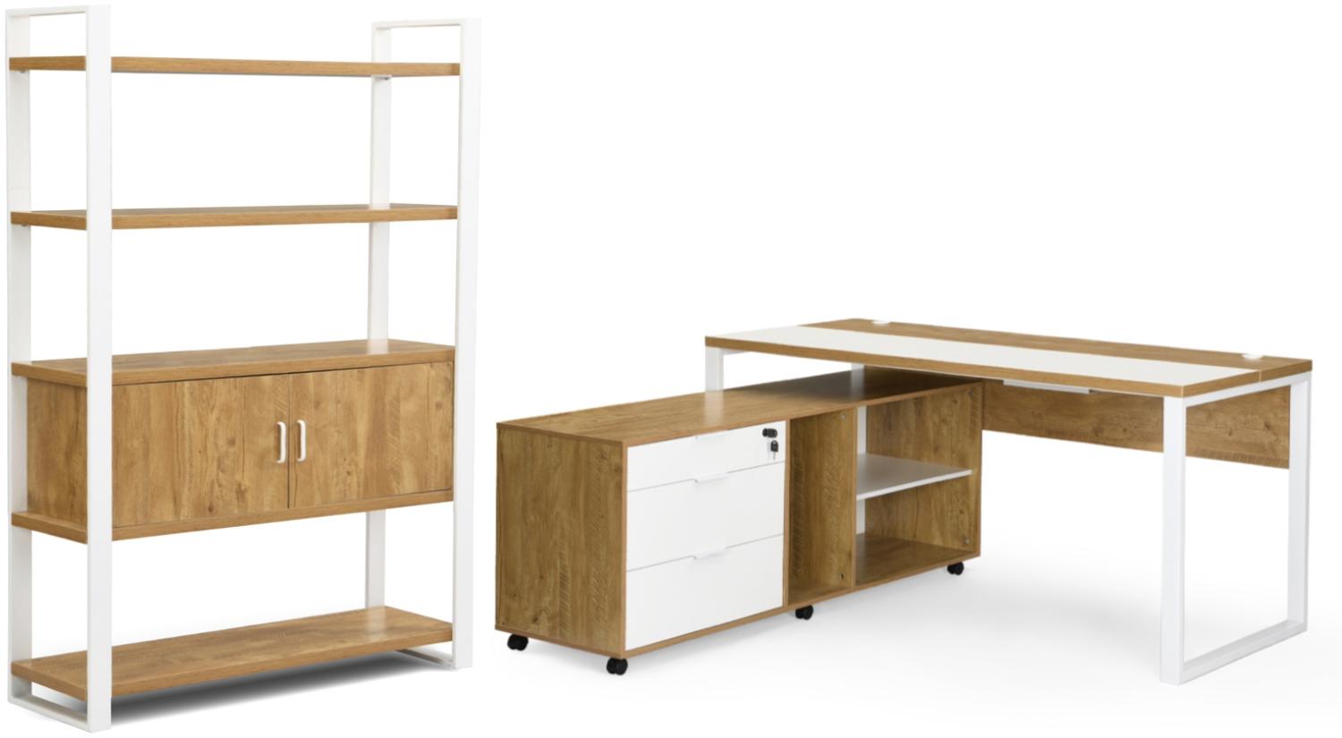 B&D home Büromöbel Set SVEA | Komplettset 3-teilig Schreibtisch Rollcontainer Regal für Jugendzimmer, Büro | modern | 160cm, Wildeiche Optik Bild 1