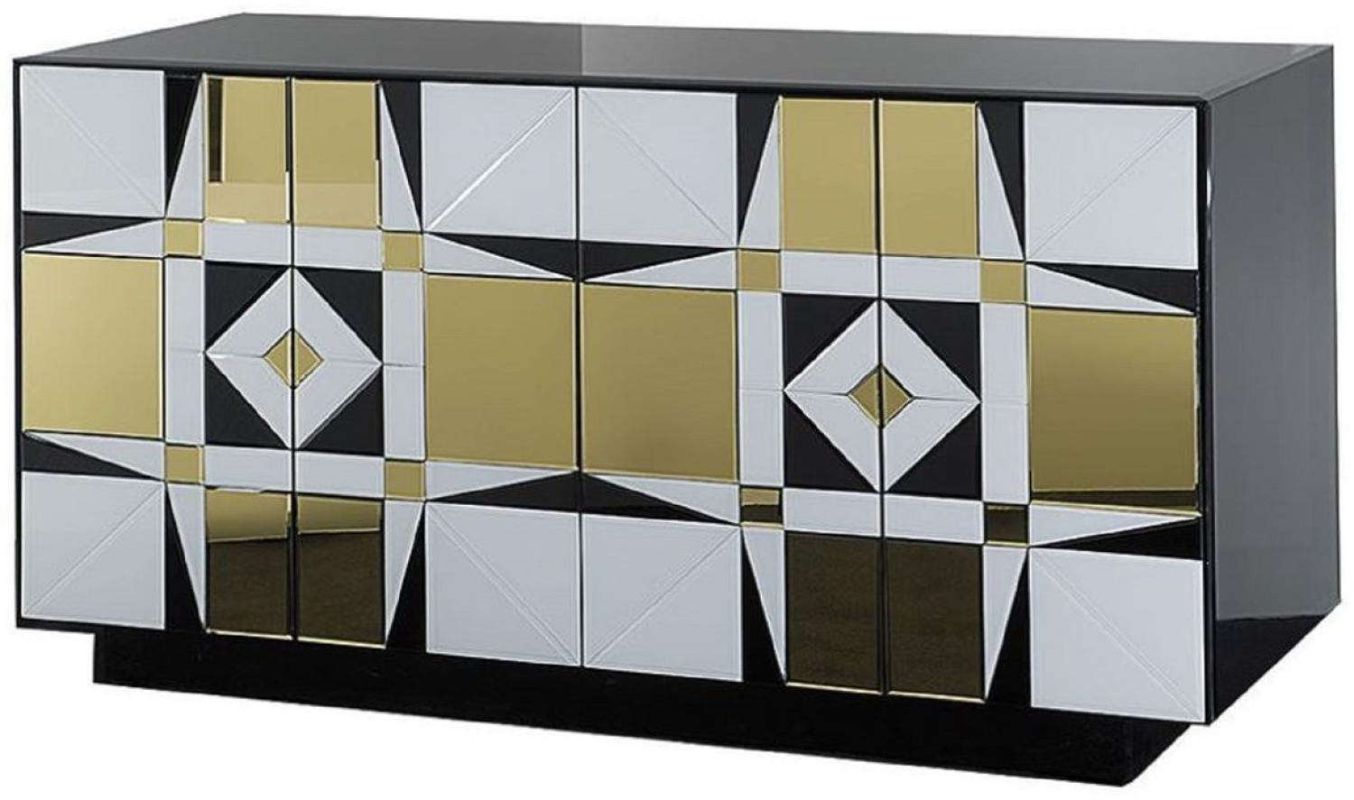 Casa Padrino Luxus Sideboard Schwarz / Weiß / Gold 140 x 45 x H. 80 cm - Massivholz Schrank mit 4 verspiegelten Türen - Luxus Möbel Bild 1