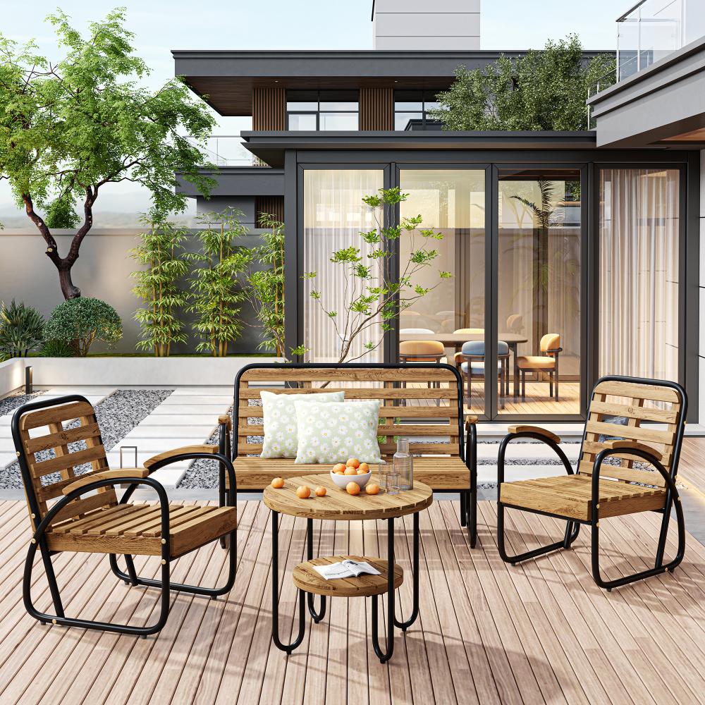 Merax Gartenmöbel-Set für 4 Personen,4-tlg Sitzgruppe mit Sofa, (Kissen nicht enthalten),Terassenmöbel Gartenlounge,Akazienholz, Schwarz + Natur Bild 1