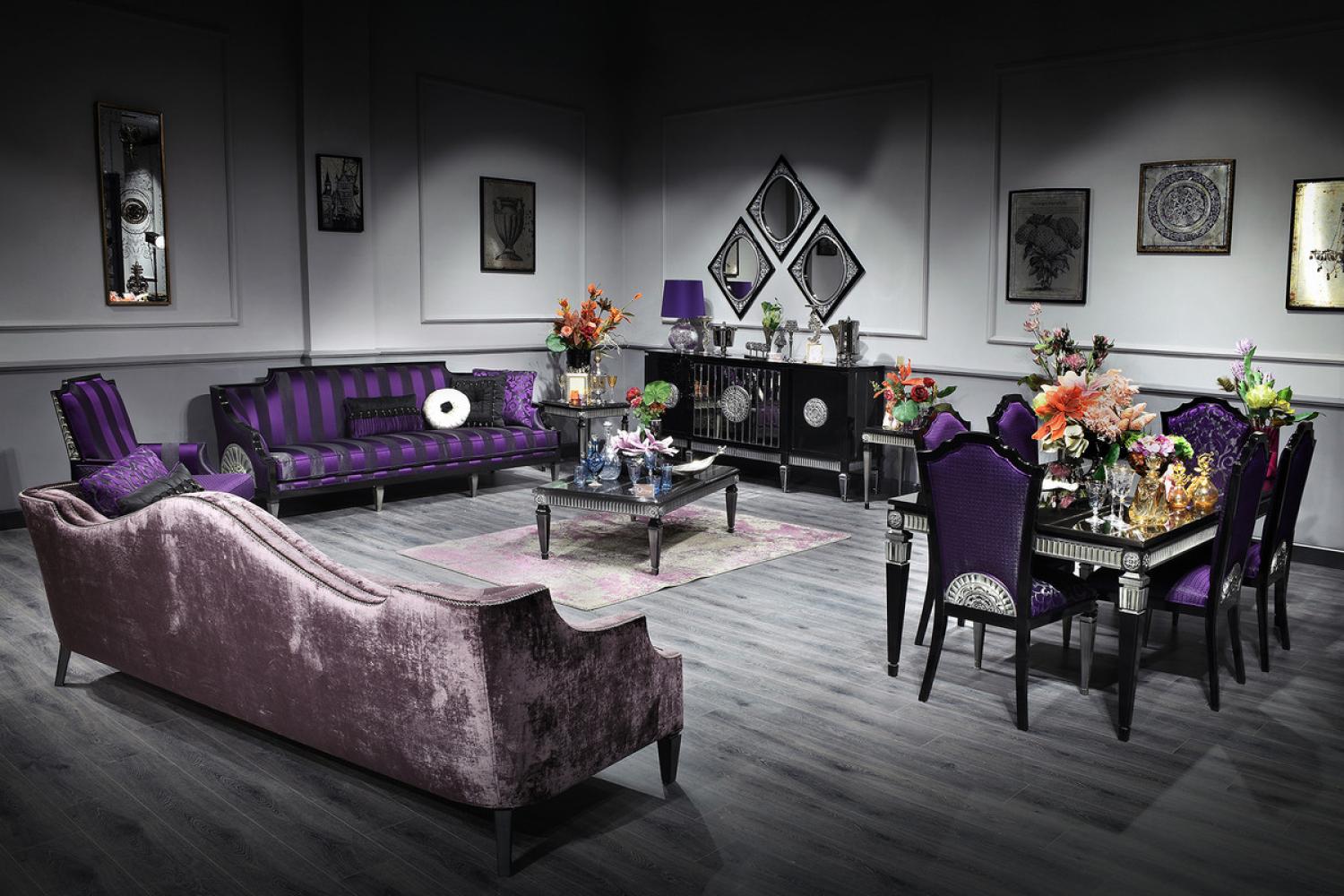 Casa Padrino Luxus Barock Wohnzimmer & Esszimmer Set Lila / Schwarz / Silber - Barockmöbel Bild 1
