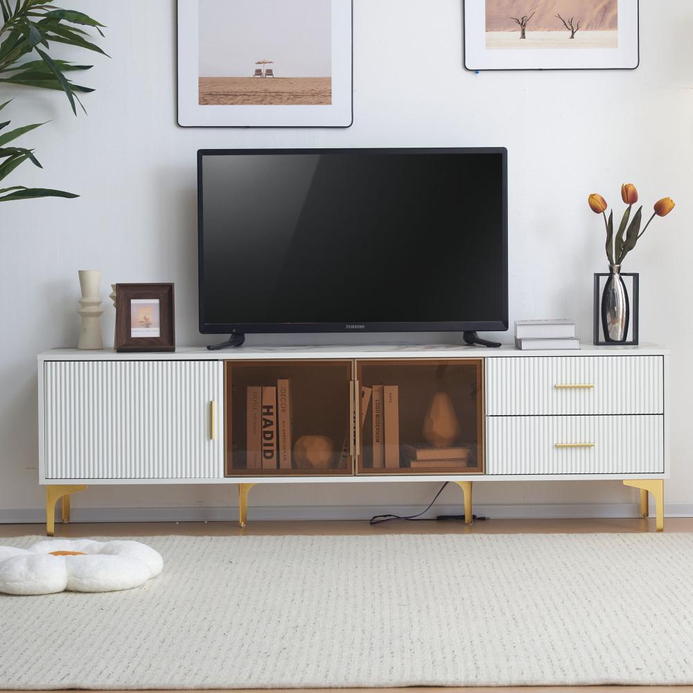Merax Lowboard mit Glastüren und Schubladen, TV-Schrank mit LED, TV-Board mit goldenen Metallbeine, Fernsehtisch, weiß Bild 1