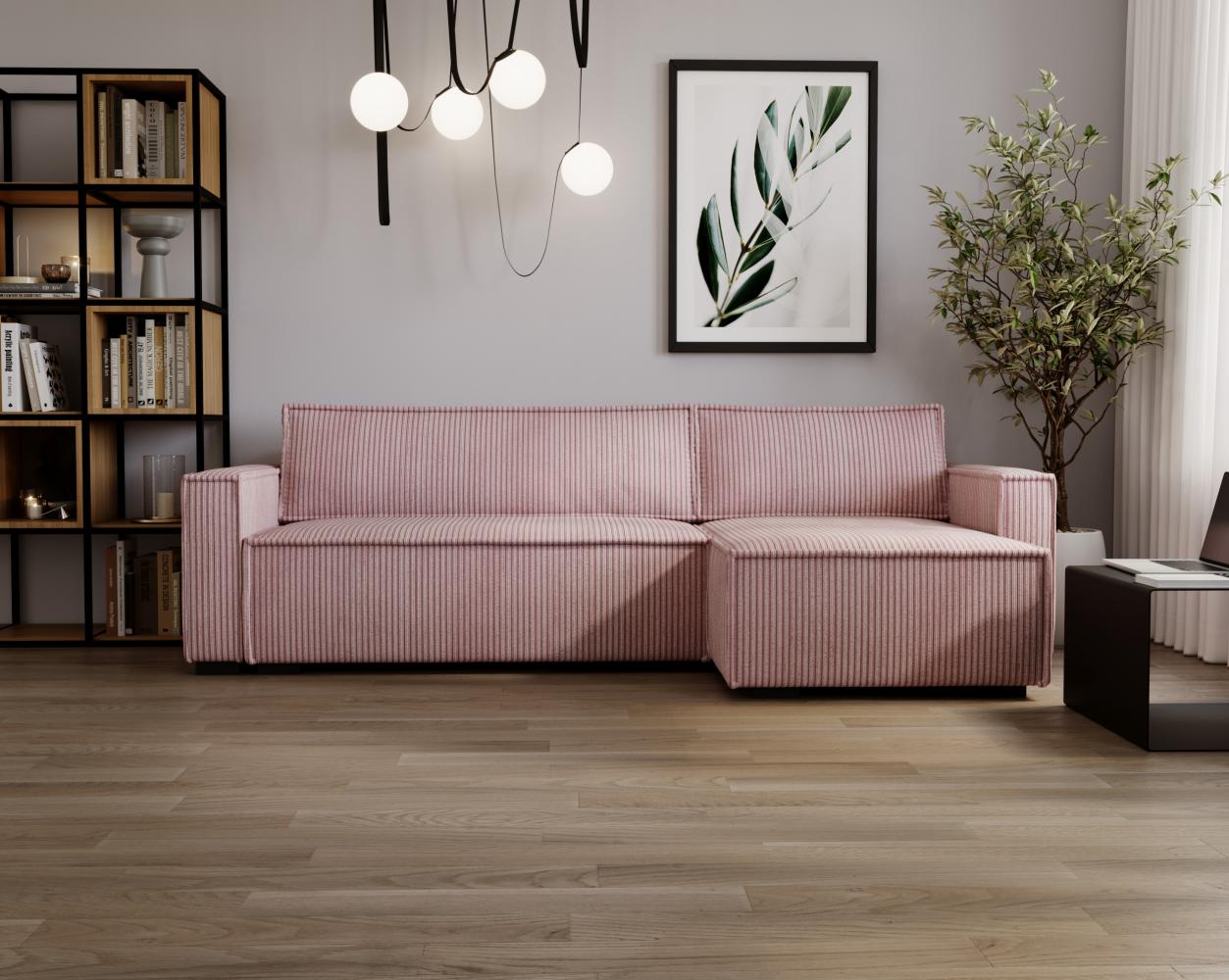 Ecksofa mit Schlaffunktion, und breite Armlehnen, Bettkaste - SORIA - Rosa Cord Bild 1