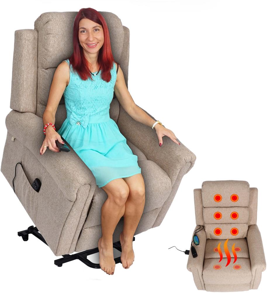 Fernsehsessel HWC-K63, Relaxsessel Sessel, Liegefunktion Aufstehhilfe Massage Heizfunktion, Stoff/Textil ~ beige-braun Bild 1