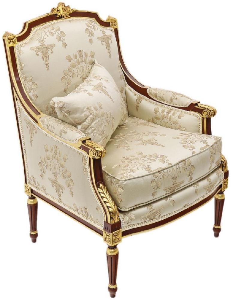 Casa Padrino Barock Lounge Thron Sessel mit elegantem Muster Cremefarben / Dunkelbraun / Gold - Barock Wohnzimmer Möbel Bild 1