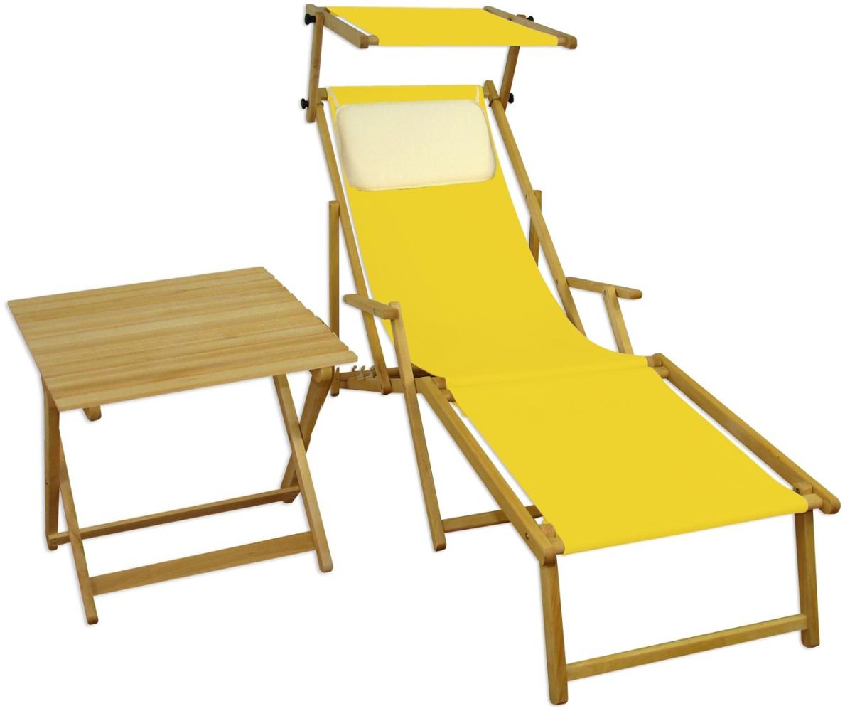 Liegestuhl gelb Fußteil Sonnendach Kissen Tisch Gartenliege Holz Sonnenliege Buche 10-302NFSTKH Bild 1