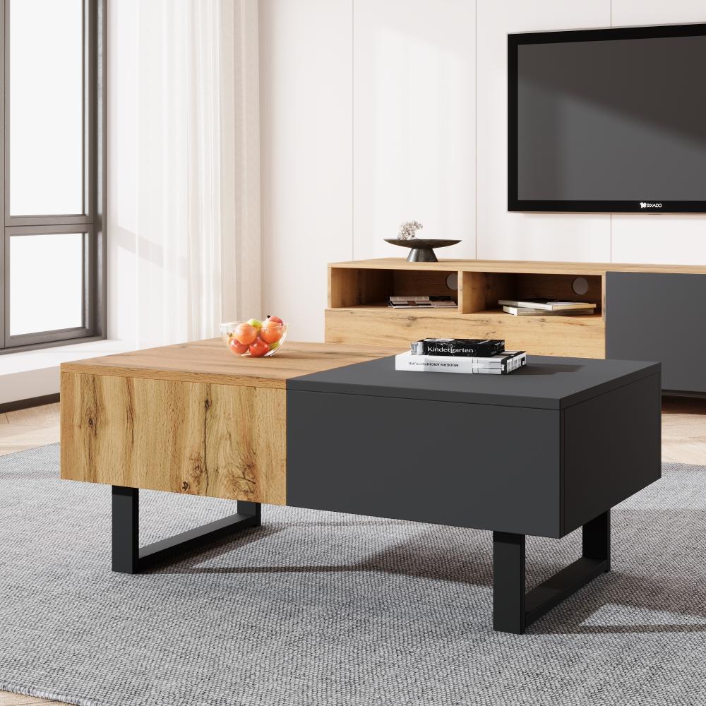 Merax Multifunktionaler moderner verschiebbarer Couchtisch mit versteckter Aufbewahrung, hochwertiger Holz- und Metallhalterung, geeignet für Wohn- und Bürobereich, einfach zu installieren, 155 x 55 x 22 cm, Holz und Anthrazit Bild 1