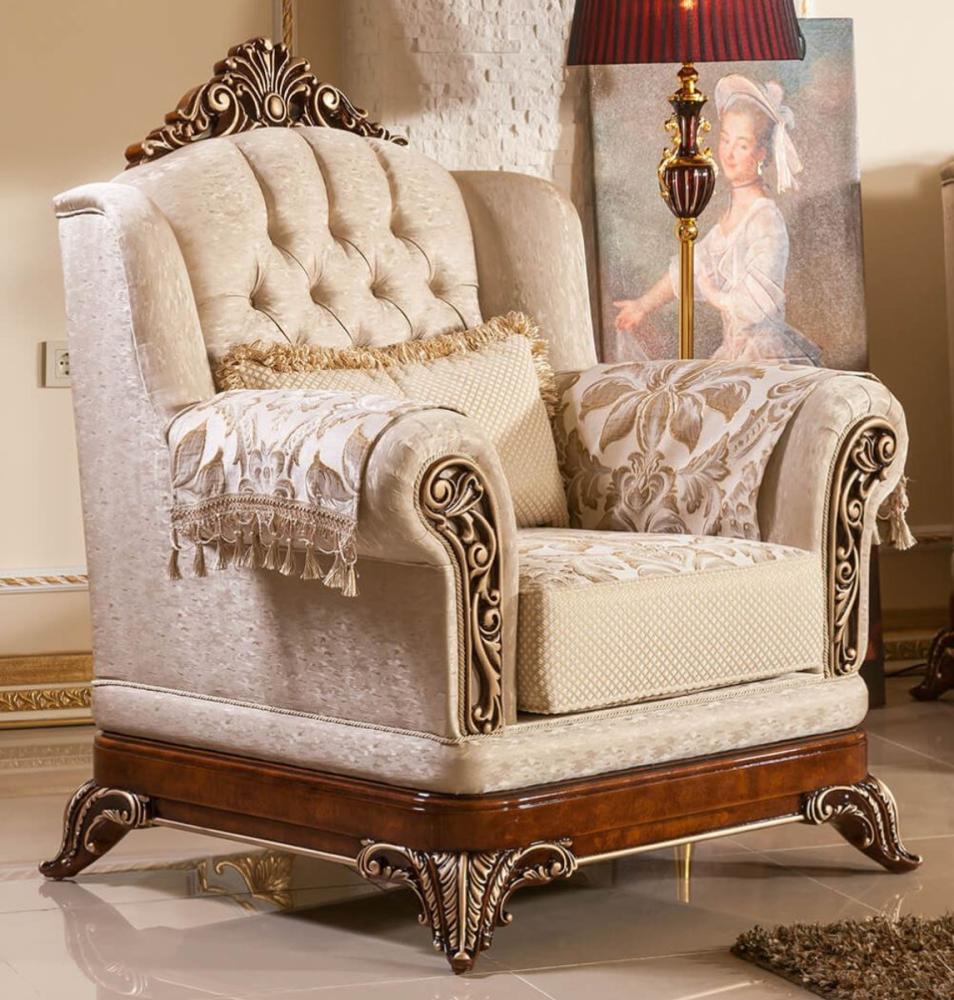 Casa Padrino Luxus Barock Sessel Gold / Braun / Bronzefarben - Prunkvoller Wohnzimmer Sessel mit elegantem Muster - Barock Wohnzimmer & Hotel Möbel - Edel & Prunkvoll Bild 1