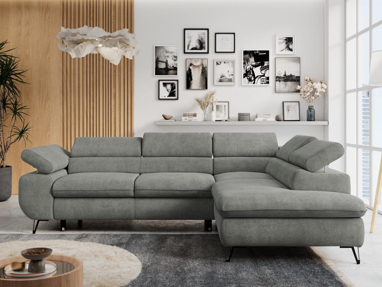 Ecksofa mit Bettfunktion, Modern Sofa, L-form, Einstellbare Kopfstützen, Bettkasten - PETER - Grau Stoff - Topper T25 - rechts Bild 1